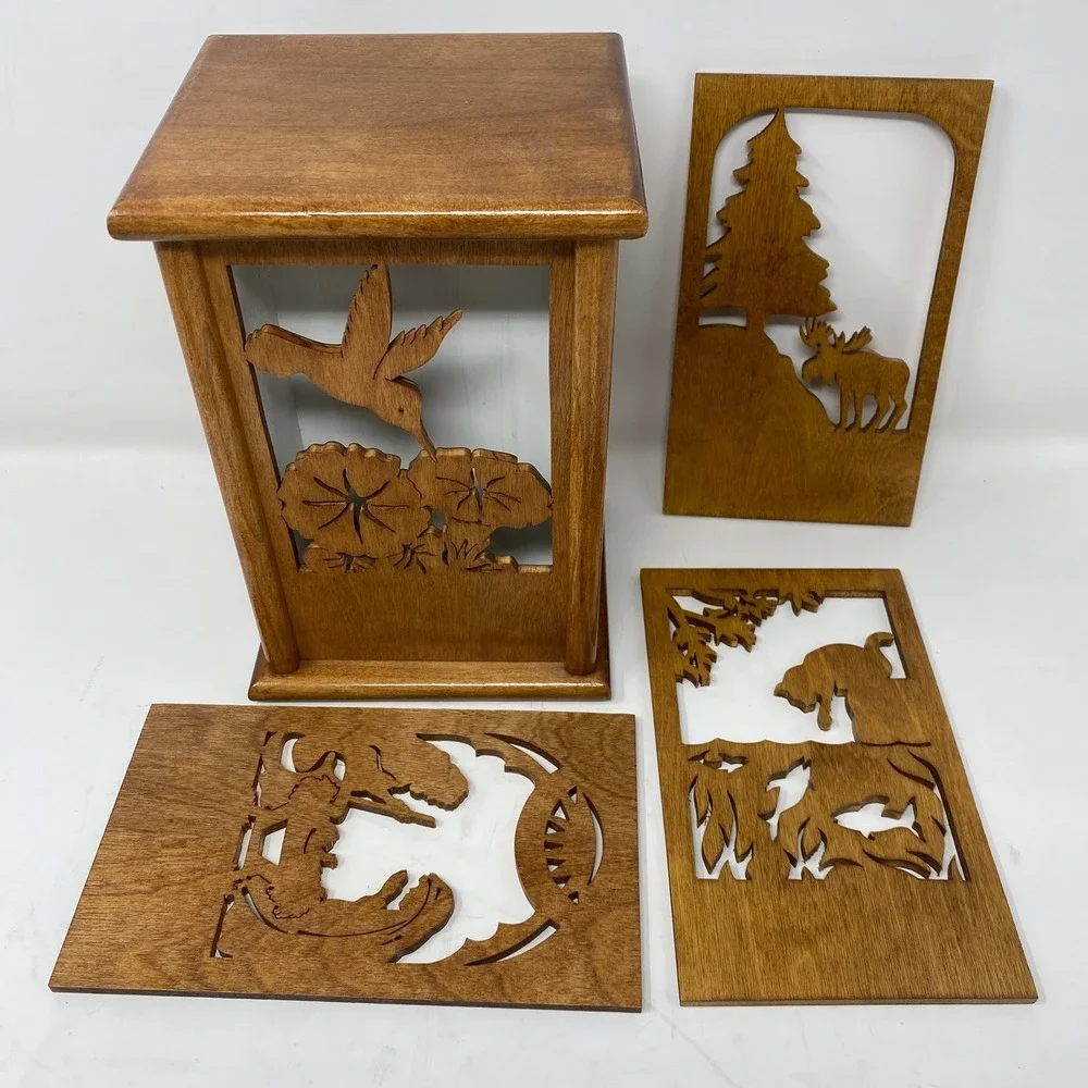 Vintage Handmade Wood Table Night Light w‎ 4 Interchangeable Carved Front Panels